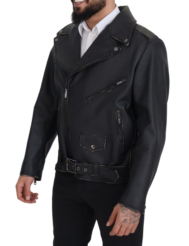 Dolce & Gabbana Black Leather Biker Coat Zipper Jacket - Ellie Belle