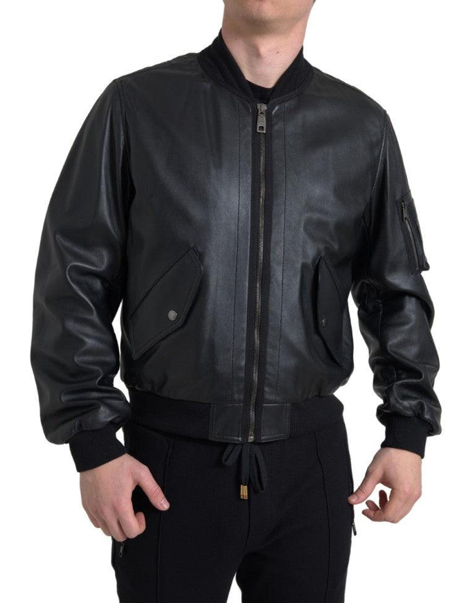 Dolce & Gabbana Black Leather Blouson Full Zip Bomber Jacket - Ellie Belle