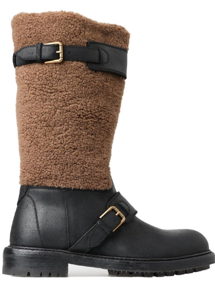 Dolce & Gabbana Black Leather Brown Shearling Boots