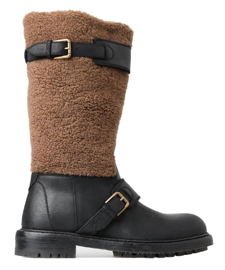 Dolce & Gabbana Black Leather Brown Shearling Boots - Ellie Belle