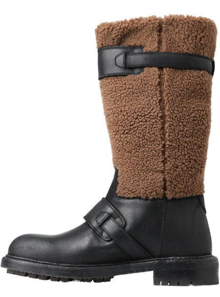 Dolce & Gabbana Black Leather Brown Shearling Boots