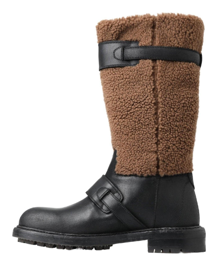 Dolce & Gabbana Black Leather Brown Shearling Boots - Ellie Belle