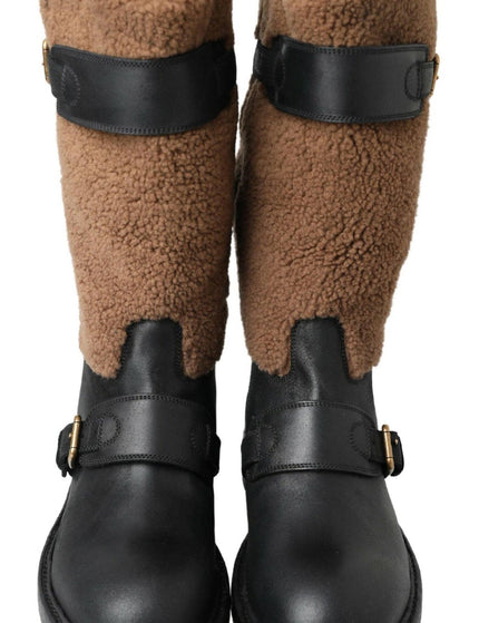 Dolce & Gabbana Black Leather Brown Shearling Boots - Ellie Belle