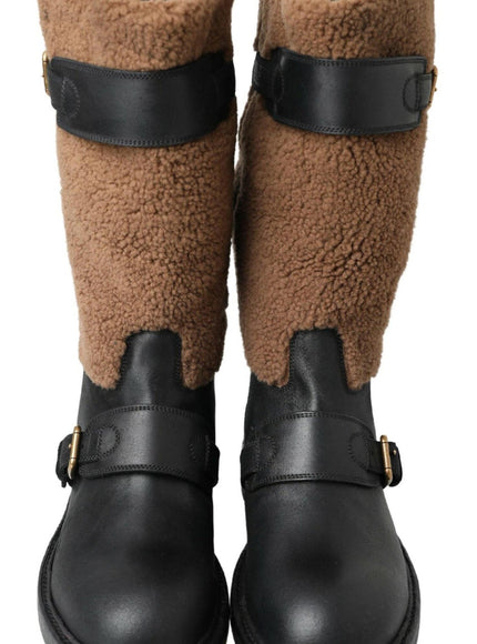 Dolce & Gabbana Black Leather Brown Shearling Boots - Ellie Belle