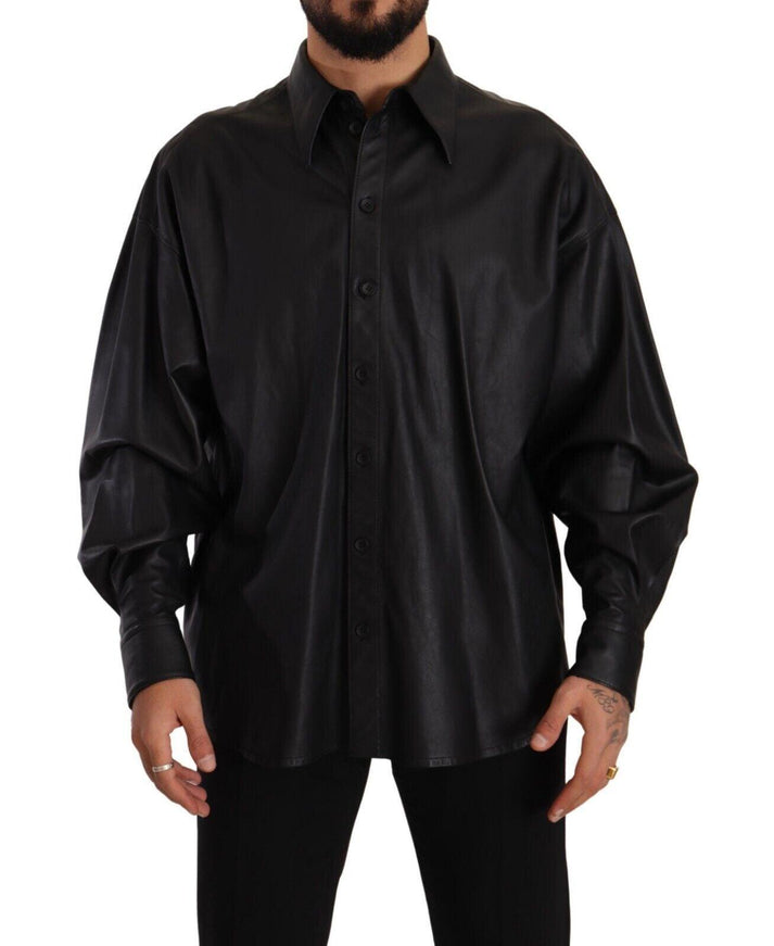 Dolce & Gabbana Black Leather Button Down Men Collared Jacket - Ellie Belle