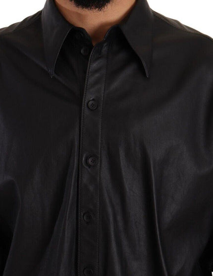Dolce & Gabbana Black Leather Button Down Men Collared Jacket - Ellie Belle