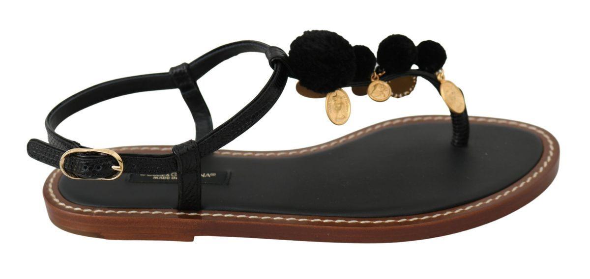 Dolce & Gabbana Black Leather Coins Flip Flops Sandals Shoes - Ellie Belle