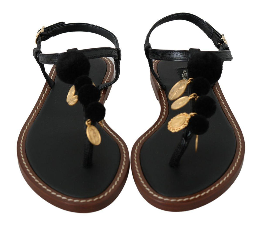 Dolce & Gabbana Black Leather Coins Flip Flops Sandals Shoes - Ellie Belle