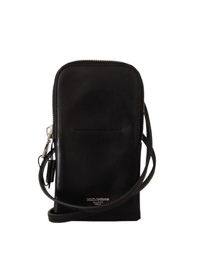 Dolce & Gabbana Black Leather Cross Body Neck Strap Card Slot Pocket wallet - Ellie Belle