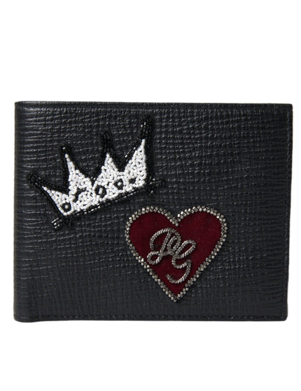 Dolce & Gabbana Black Leather Crown Heart Patch Bifold Card Holder Wallet - Ellie Belle