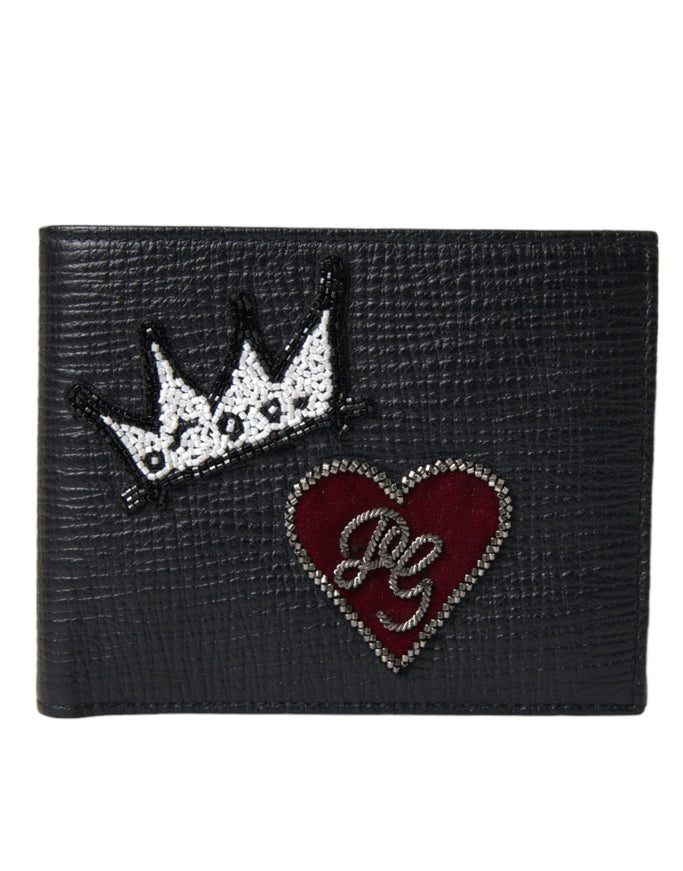 Dolce & Gabbana Black Leather Crown Heart Patch Bifold Card Holder Wallet - Ellie Belle