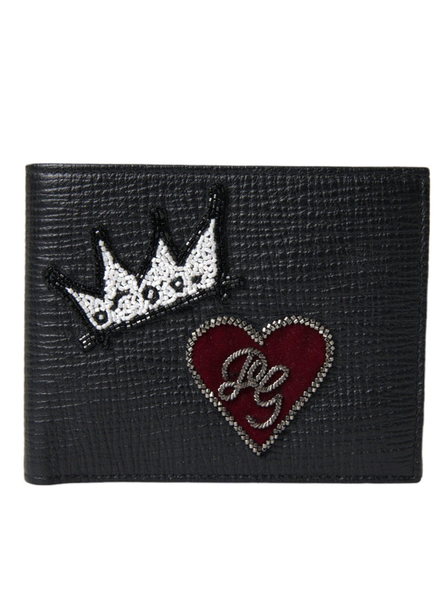 Dolce & Gabbana Black Leather Crown Heart Patch Bifold Card Holder Wallet - Ellie Belle