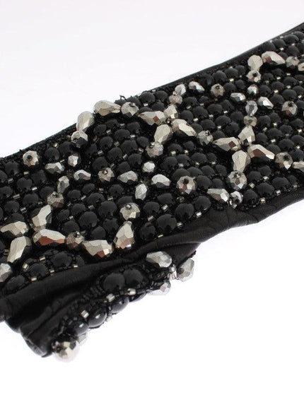 Dolce & Gabbana Black Leather Crystal Beaded Finger Free Gloves - Ellie Belle