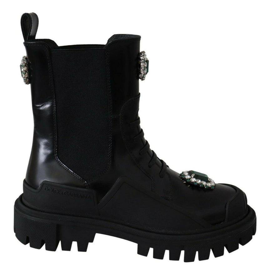 Dolce & Gabbana Black Leather Crystal Combat Boots - Ellie Belle