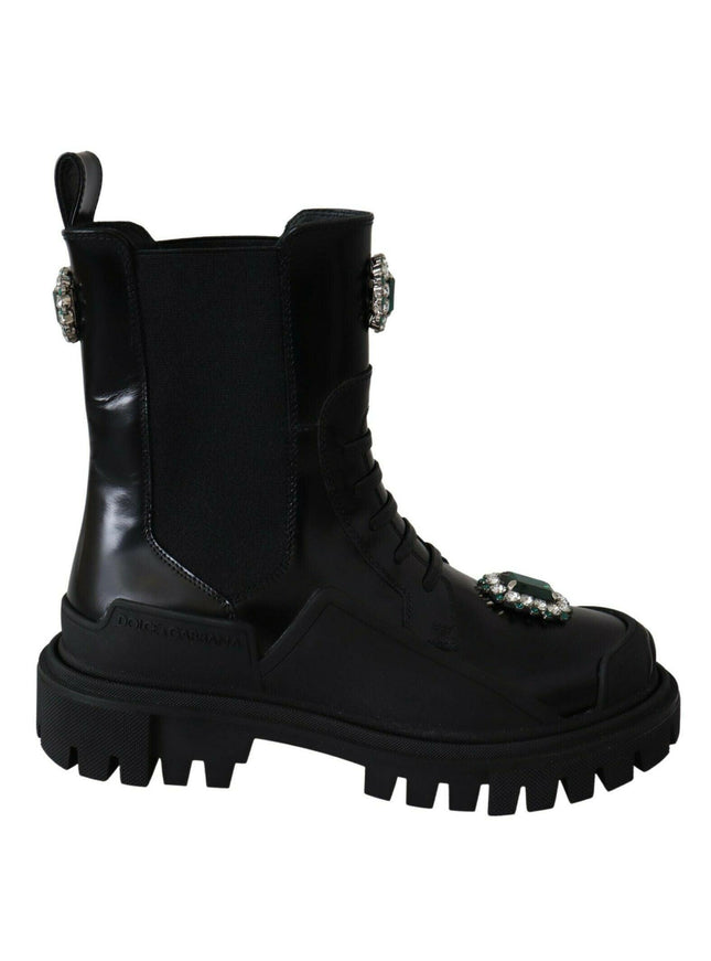 Dolce & Gabbana Black Leather Crystal Combat Boots - Ellie Belle