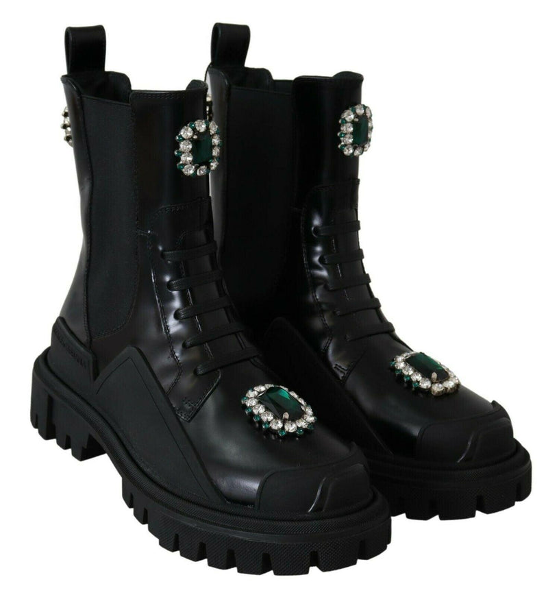 Dolce & Gabbana Black Leather Crystal Combat Boots - Ellie Belle