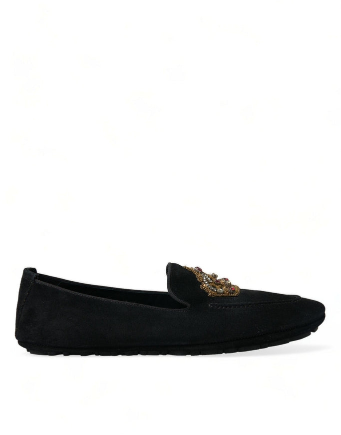 Dolce & Gabbana Black Leather Crystal Crown Loafers Shoes - Ellie Belle