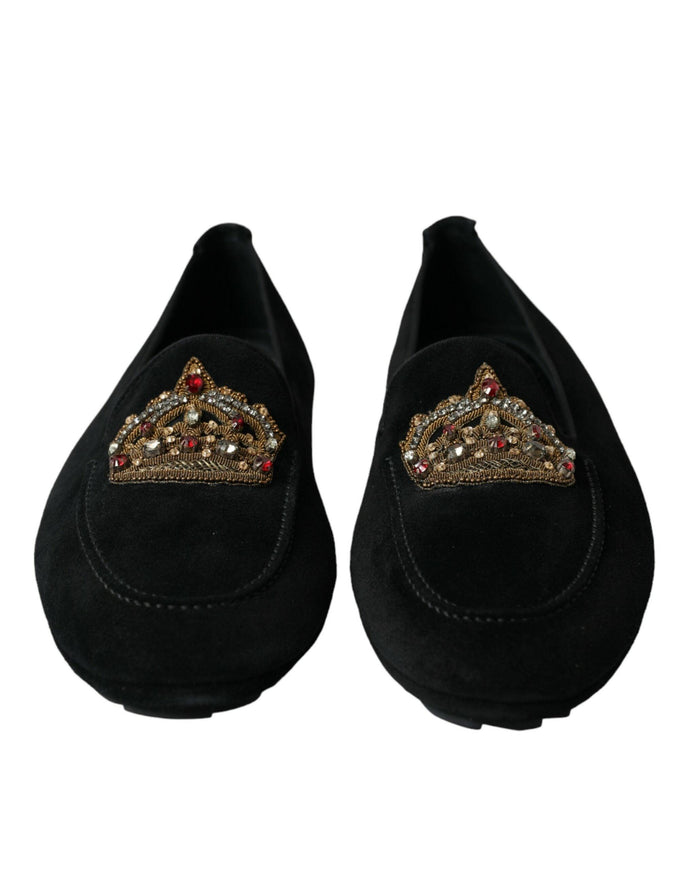 Dolce & Gabbana Black Leather Crystal Crown Loafers Shoes - Ellie Belle