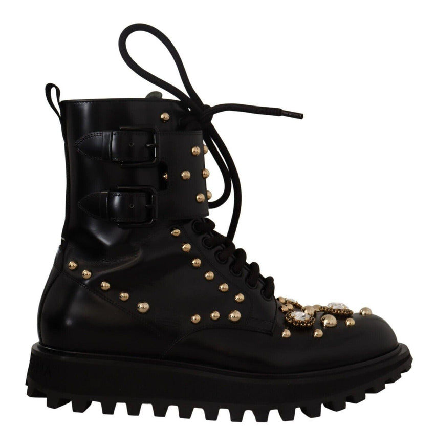 Dolce & Gabbana Black Leather Crystal Embellished Boots Shoes - Ellie Belle