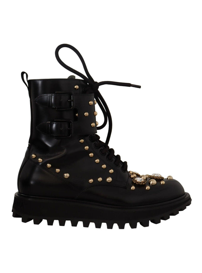 Dolce & Gabbana Black Leather Crystal Embellished Boots Shoes - Ellie Belle