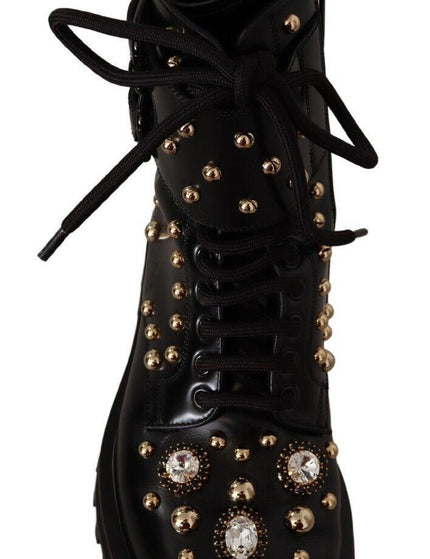 Dolce & Gabbana Black Leather Crystal Embellished Boots Shoes - Ellie Belle