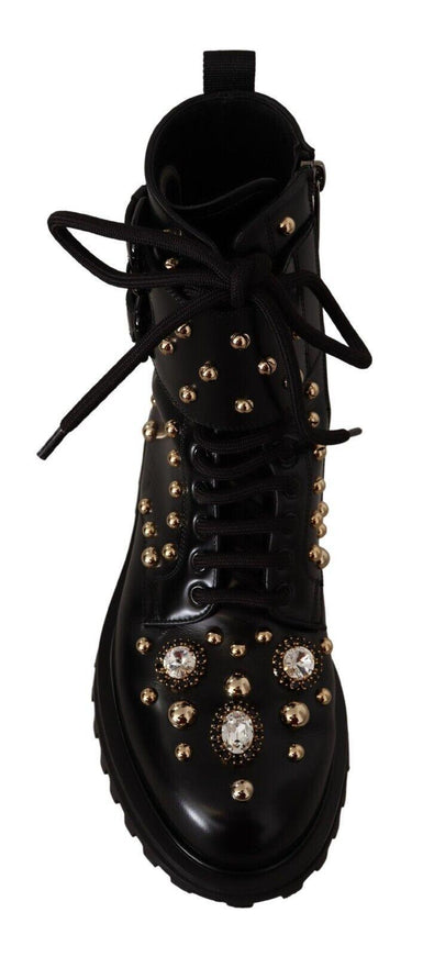 Dolce & Gabbana Black Leather Crystal Embellished Boots Shoes - Ellie Belle