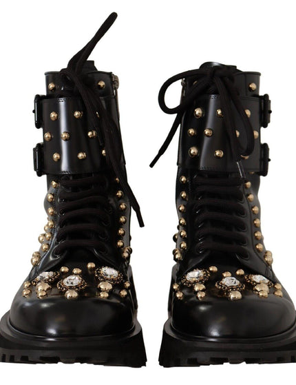 Dolce & Gabbana Black Leather Crystal Embellished Boots Shoes - Ellie Belle