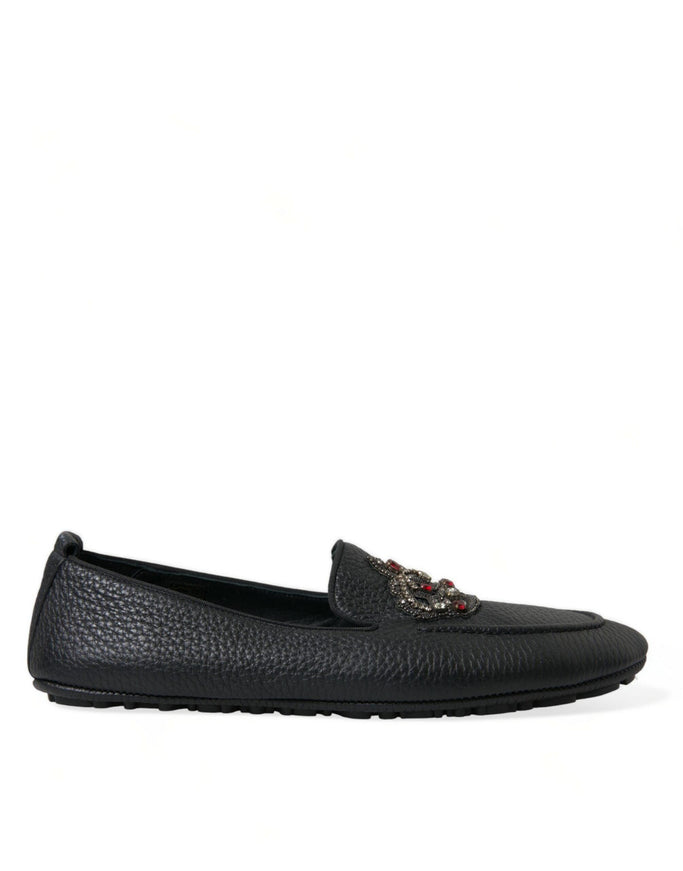 Dolce & Gabbana Black Leather Crystal Embellished Loafers Dress Shoes - Ellie Belle