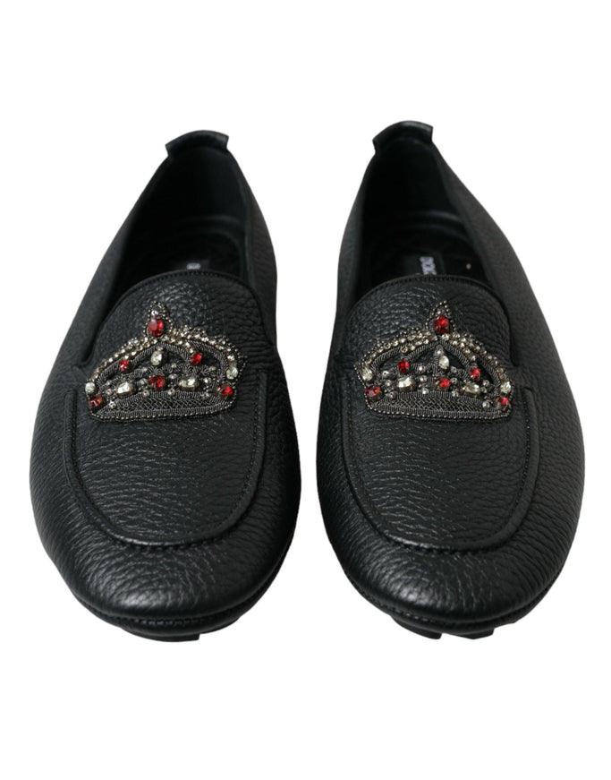 Dolce & Gabbana Black Leather Crystal Embellished Loafers Dress Shoes - Ellie Belle