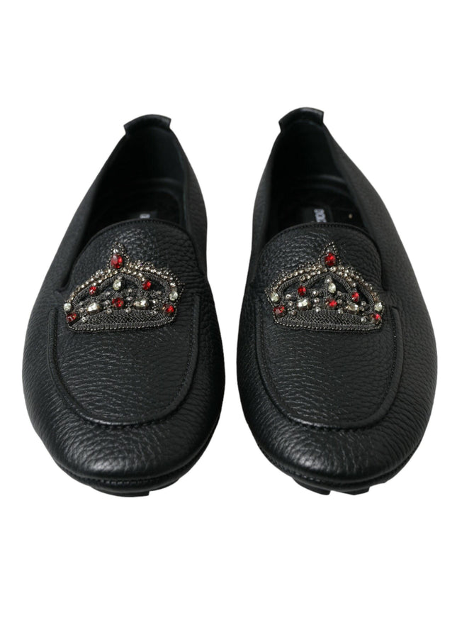 Dolce & Gabbana Black Leather Crystal Embellished Loafers Dress Shoes - Ellie Belle