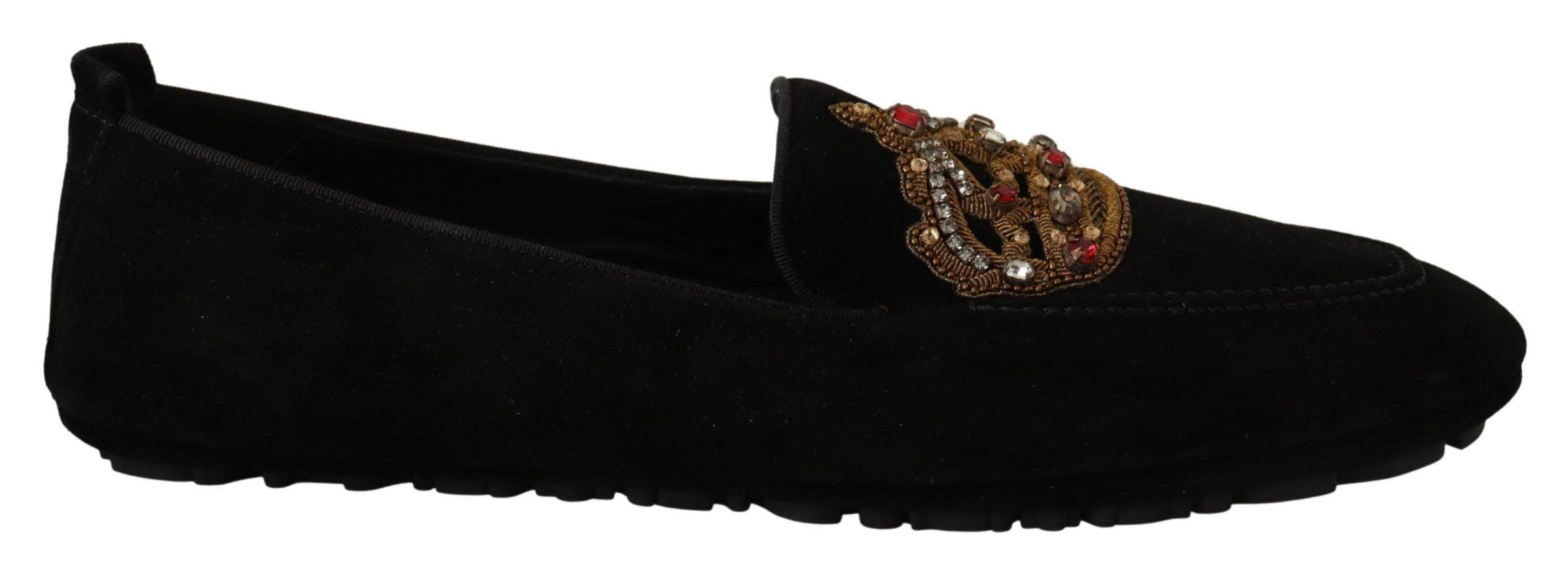 Dolce & Gabbana Black Leather Crystal Gold Crown Loafers Shoes - Ellie Belle