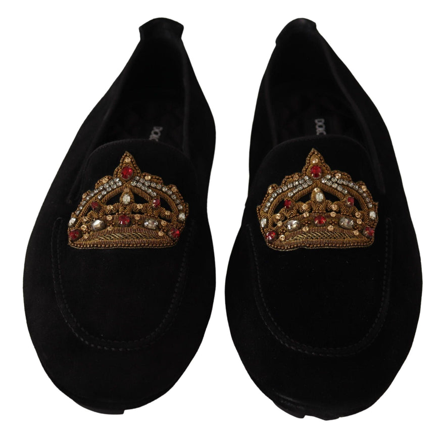 Dolce & Gabbana Black Leather Crystal Gold Crown Loafers Shoes - Ellie Belle