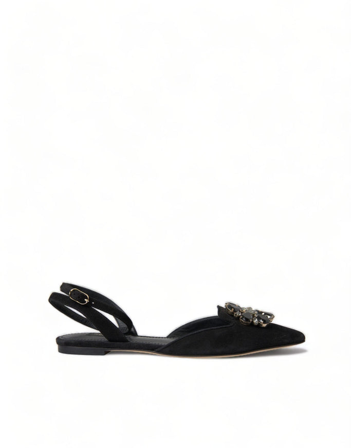 Dolce & Gabbana Black Leather Crystal Slingback Flats Shoes - Ellie Belle