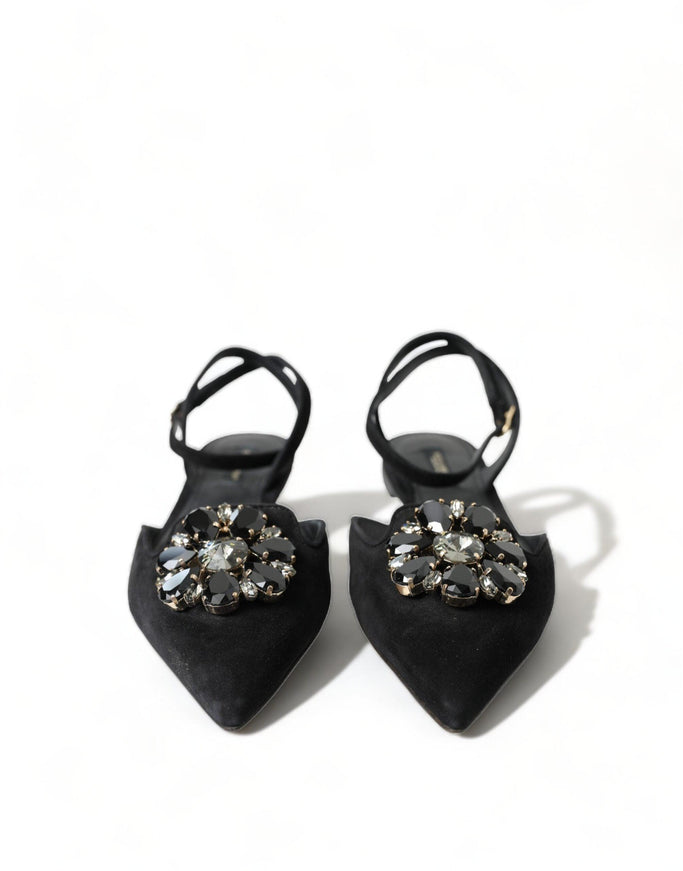 Dolce & Gabbana Black Leather Crystal Slingback Flats Shoes - Ellie Belle