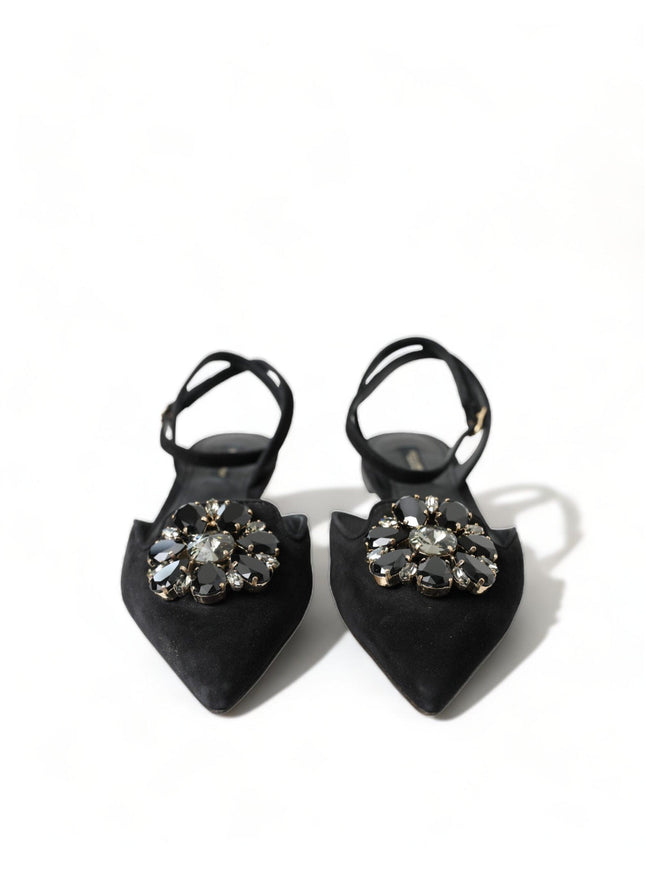 Dolce & Gabbana Black Leather Crystal Slingback Flats Shoes - Ellie Belle