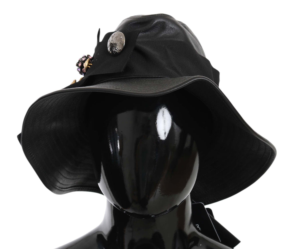 Dolce & Gabbana Black Leather DG Coin Crystal Wide Brim Hat - Ellie Belle