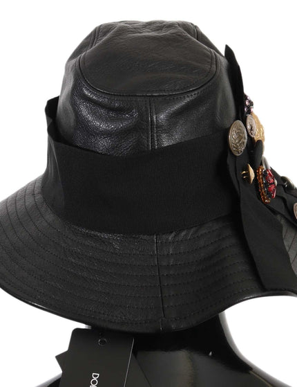 Dolce & Gabbana Black Leather DG Coin Crystal Wide Brim Hat - Ellie Belle