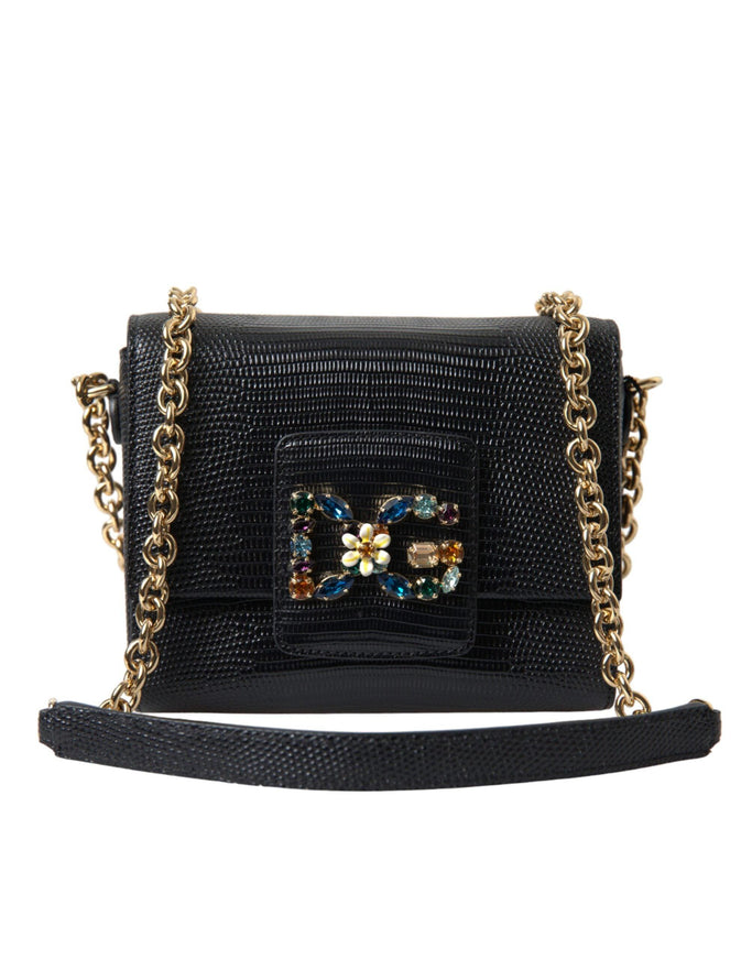 Dolce & Gabbana Black Leather DG Crystals Shoulder Crossbody Bag - Ellie Belle