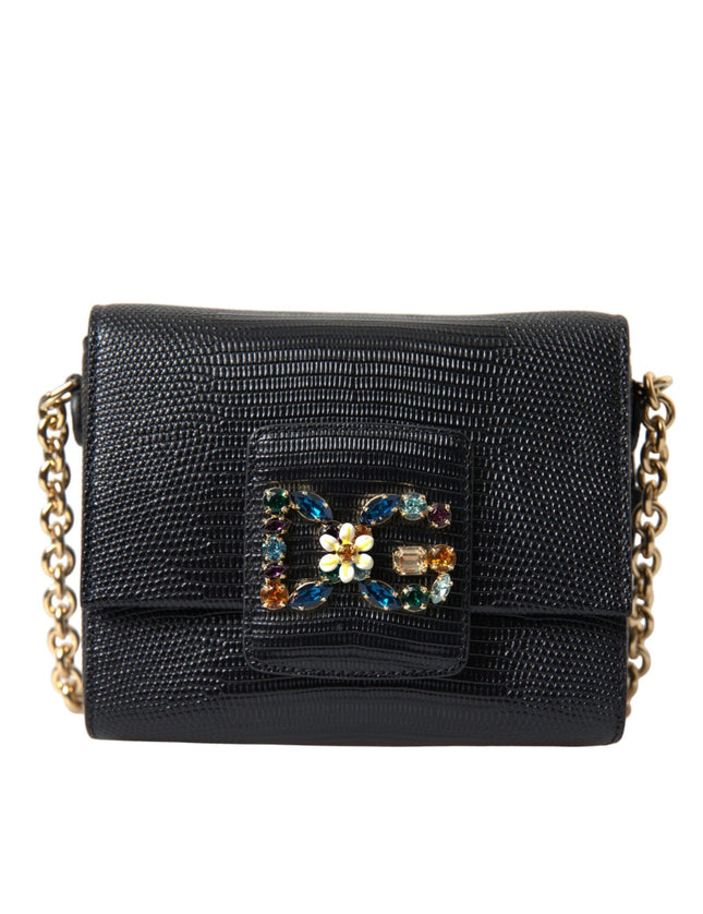 Dolce & Gabbana Black Leather DG Crystals Shoulder Crossbody Bag - Ellie Belle