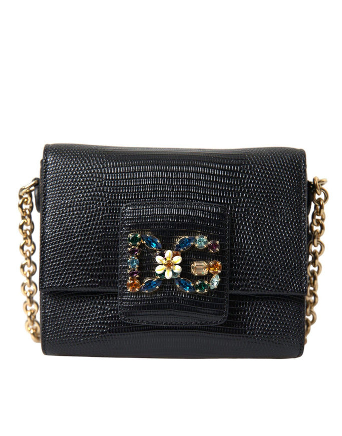 Dolce & Gabbana Black Leather DG Crystals Shoulder Crossbody Bag - Ellie Belle