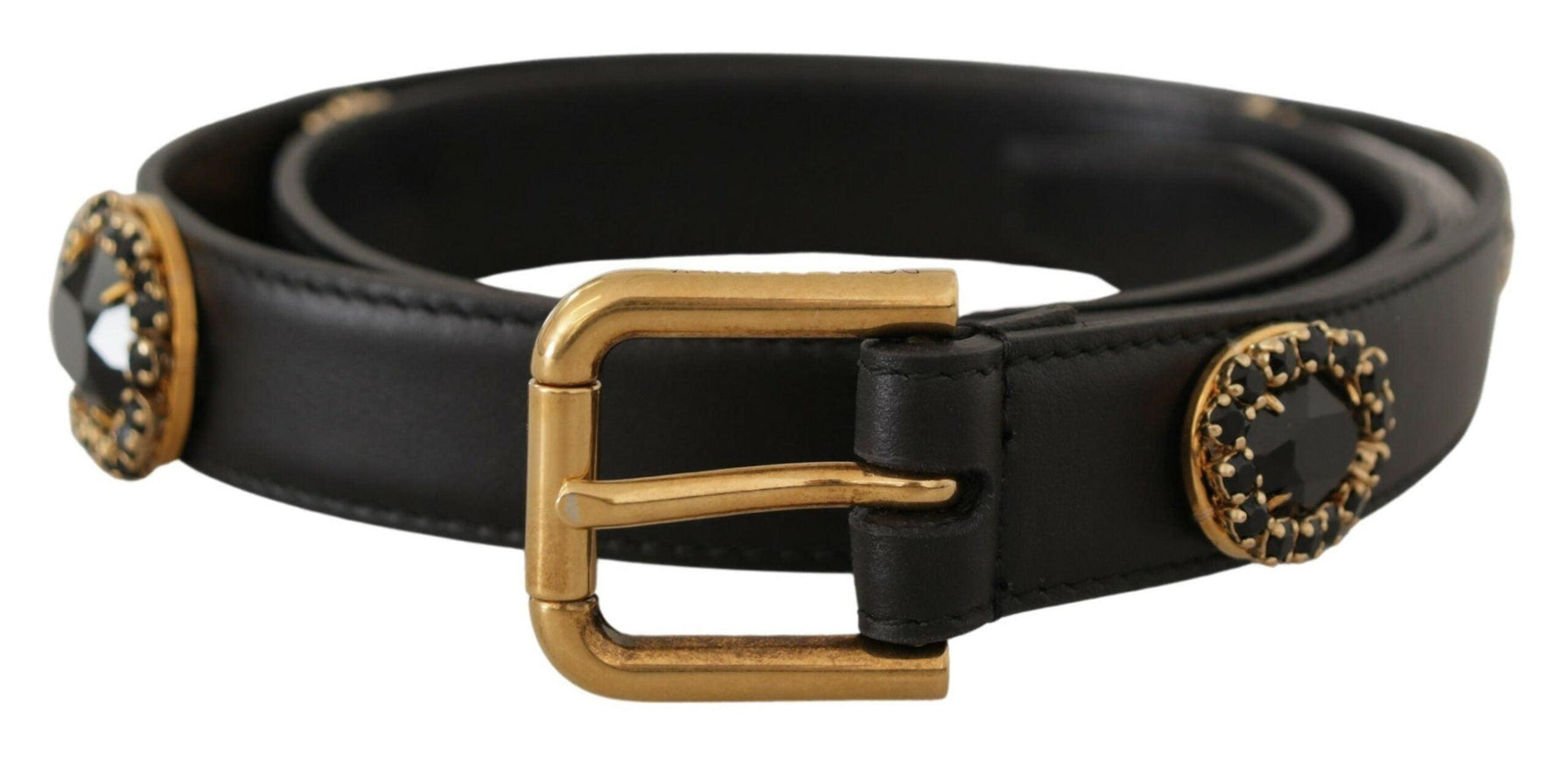 Dolce & Gabbana Black Leather Embellished Crystal Logo Belt - Ellie Belle