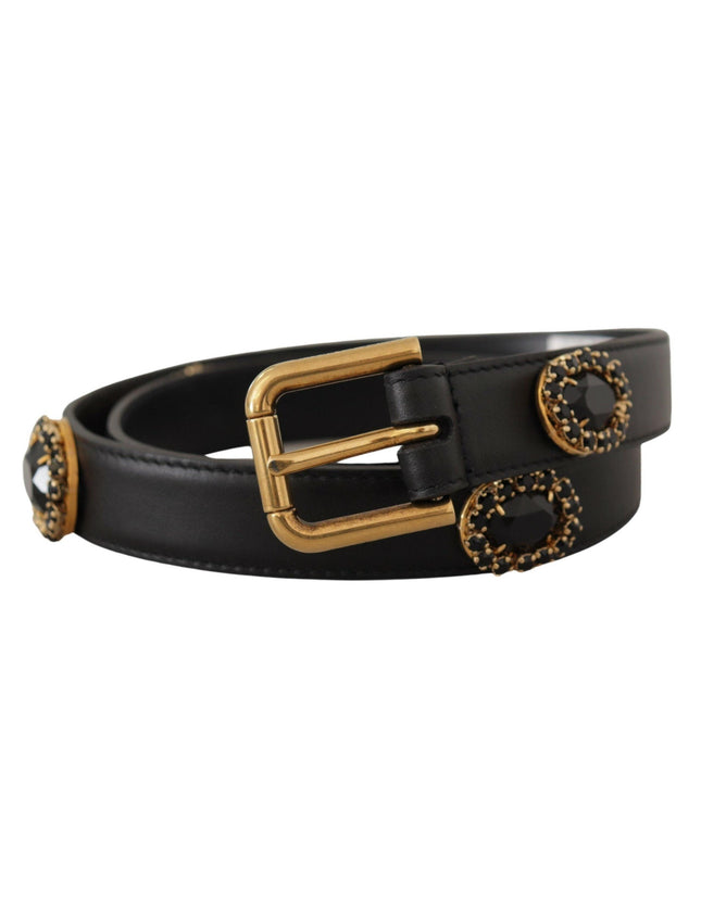 Dolce & Gabbana Black Leather Embellished Crystal Logo Belt - Ellie Belle