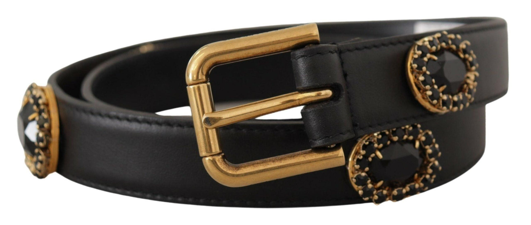 Dolce & Gabbana Black Leather Embellished Crystal Logo Belt - Ellie Belle