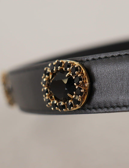 Dolce & Gabbana Black Leather Embellished Crystal Logo Belt - Ellie Belle