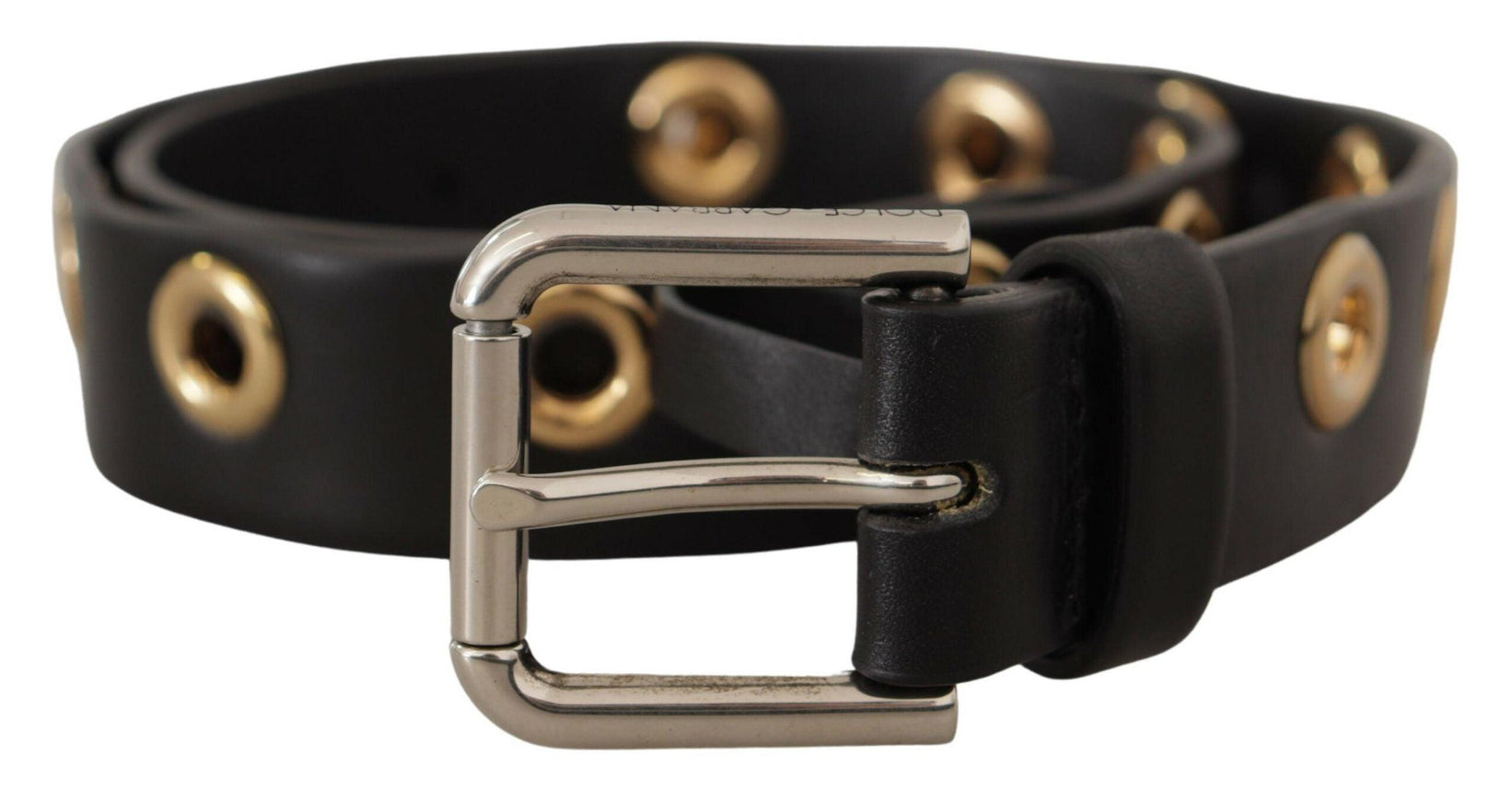 Dolce & Gabbana Black Leather Eyelet Silver Tone Metal Buckle Belt - Ellie Belle