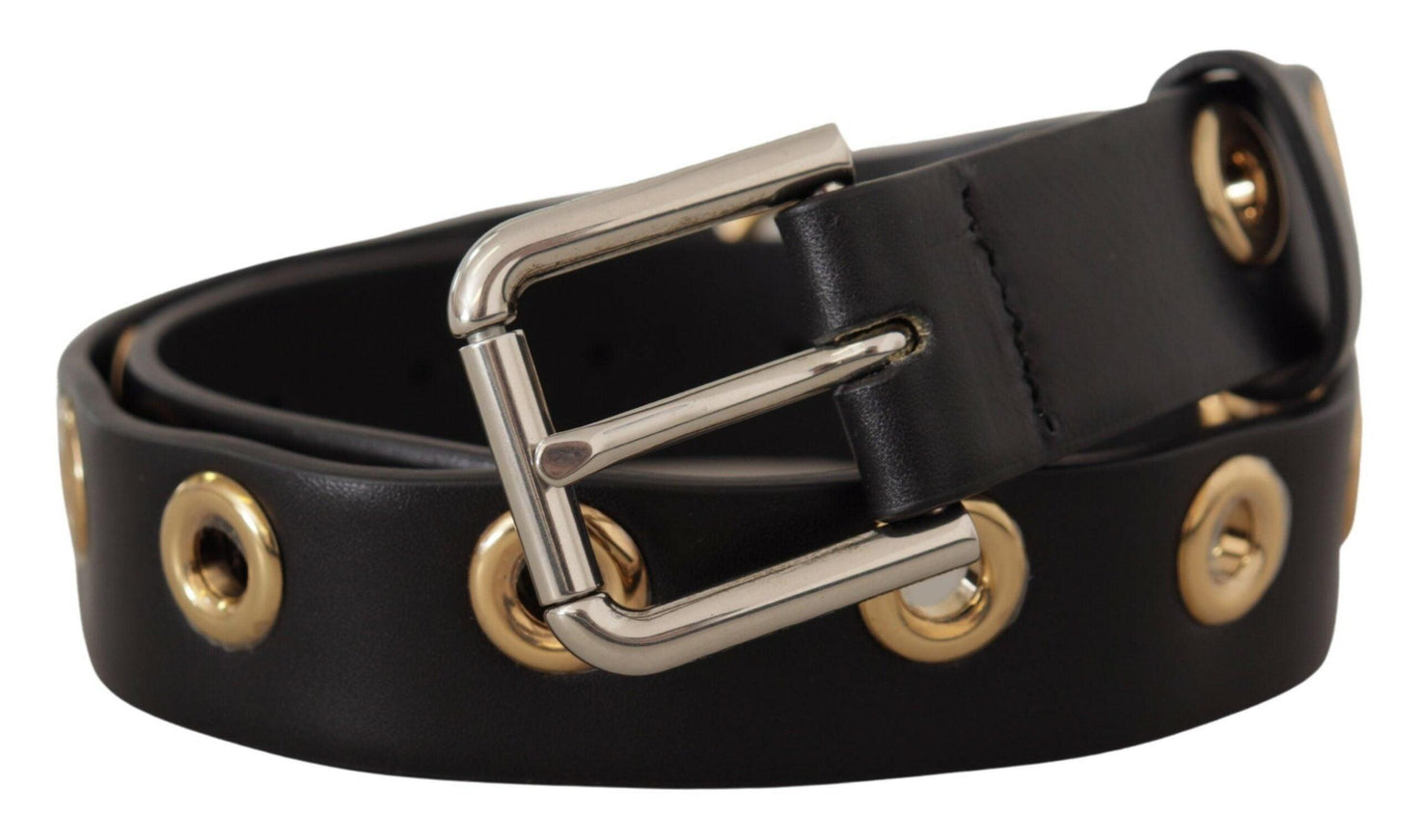 Dolce & Gabbana Black Leather Eyelet Silver Tone Metal Buckle Belt - Ellie Belle