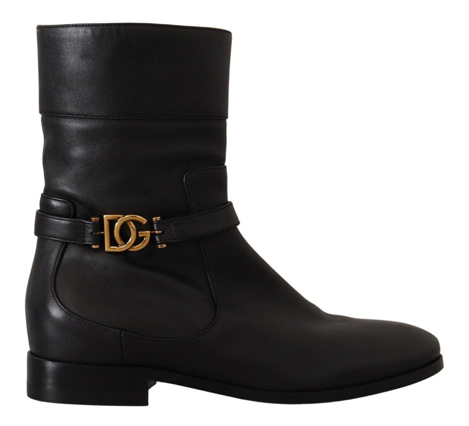 Dolce & Gabbana Black Leather Flats Logo Short Boots Shoes - Ellie Belle