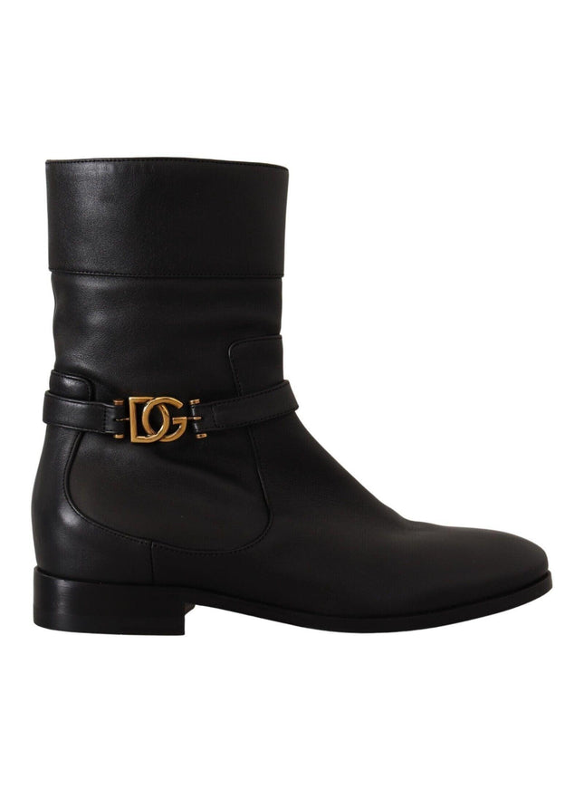 Dolce & Gabbana Black Leather Flats Logo Short Boots Shoes - Ellie Belle