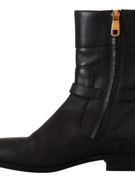 Dolce & Gabbana Black Leather Flats Logo Short Boots Shoes - Ellie Belle