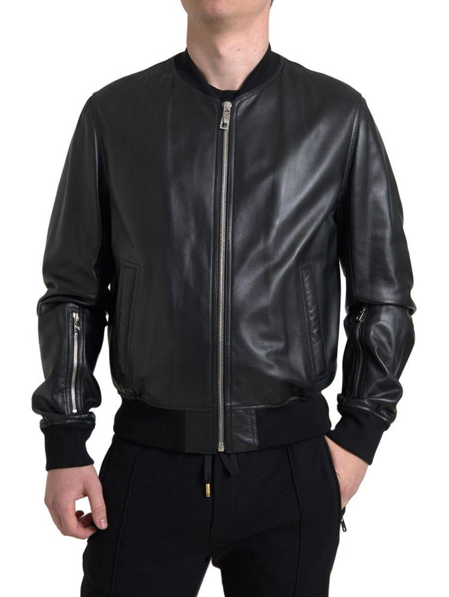 Dolce & Gabbana Black Leather Full Zip Bomber Men Jacket - Ellie Belle